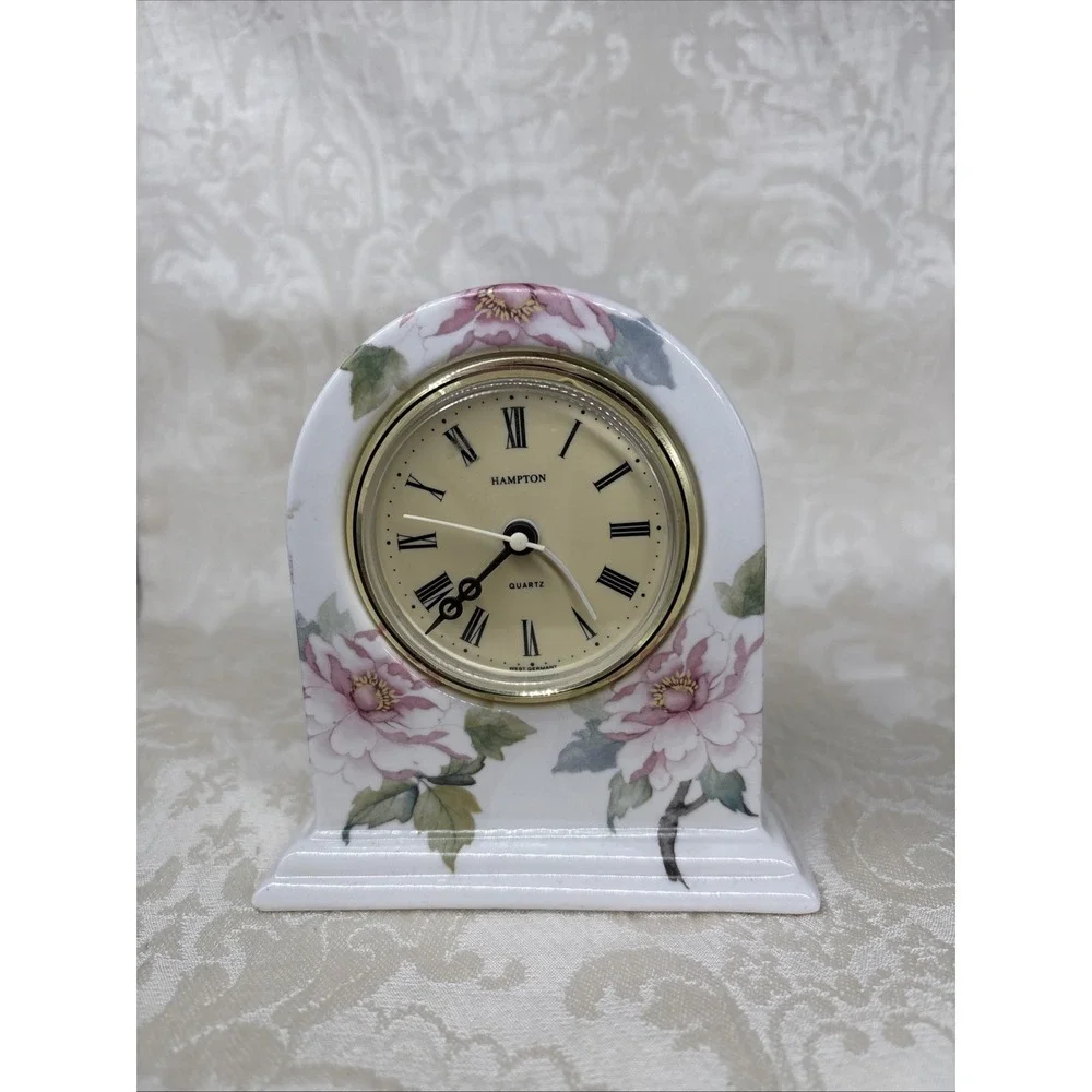 Vintage Germany Grayshott Pottery Porcelain Quartz Mantel Clock, Flowers Pattern